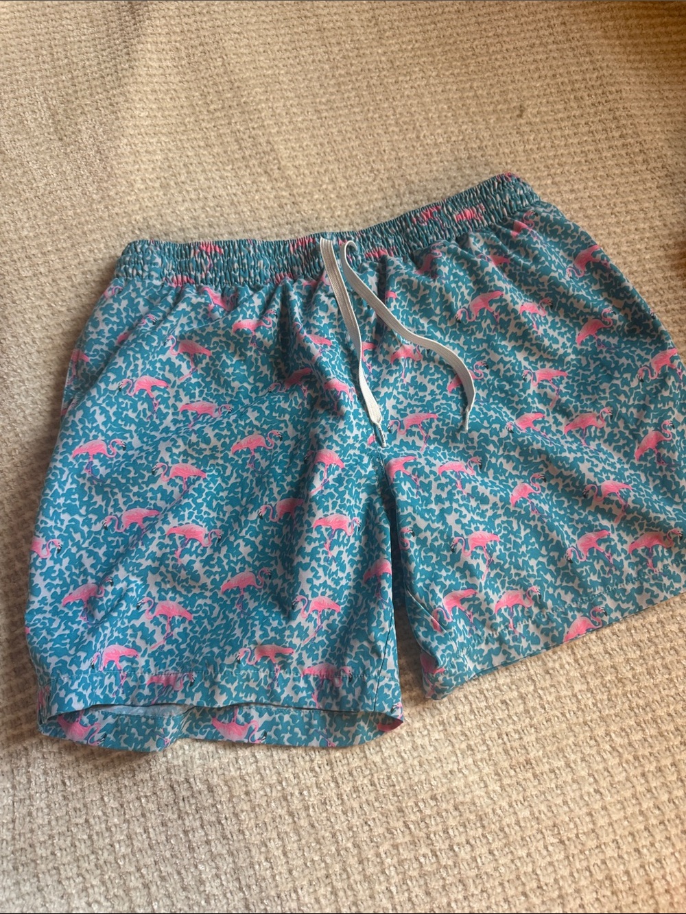 chubbies Turquoise and Pink Flamingo Swim Shorts